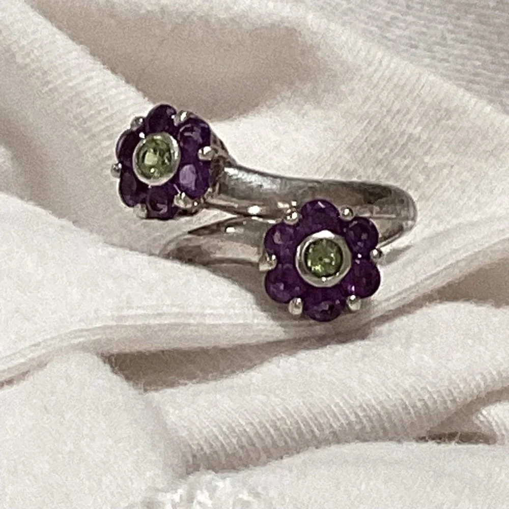 925 silver double flower Ring from Thailand💜💚vintage 70s